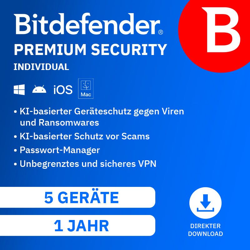 Bitdefender Premium Security Individual | 5 Geräte - 1 Jahr – Premium Security Individual 5 Geraete 1 Jahr